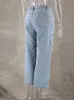 Fashion Trendy Diamond Design Blue Distressed Relaxation of Tall Waist Wide Legged Pants Spring 2024 Hollow Out Jeans Women 240309