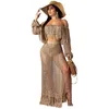 Work Dresses APIPEE Tassel Summer Beach Dress Women Sexy Off Shoulder Maxi Long Sleeve Boho Knit Crochet Hollow Out Party