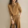 Autumn Lapel stickad tröja Cardigan Coat Wool Sticked Top + Sticked Wide Leg Pants Two Piece Set Casual Elegant Fashion Korea 210610