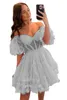 Party Dresses Off Shoulder A-Line Sweetheart Mini Tulle Homecoming Short Puffy Sleeve Prom Dress Tiered Ruffles Cocktail klänningar