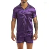 Herren-Nachtwäsche, Boxershorts, Ärmel, T-Shirt, einfarbig, mit Bund, kurze, seidige Oberteile, Knopf-Mode-Set, elastische Farbe, Satin-Pyjama für Herren