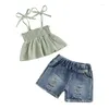 Kläduppsättningar Småbarn Kids Baby Girl T-shirt Top Denim Jeans Shorts Set Tie-Up Pleated Camisole Ripped Summer 2-Piece Outfit