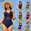 Ropa de baño ZRTAT 2024 Nuevo traje de baño de una pieza para mujer Traje de baño de malla de color sólido Bikini Traje de baño conservador para niñas Mujeres Trajes de baño deportes acuáticos 240311