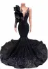 Robes de bal sexy élégantes sirène à manches longues noir paillettes dentelle appliques bijou cou volants fille africaine gala robes de soirée paillettes une épaule