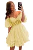 Party Dresses Off Shoulder A-Line Sweetheart Mini Tulle Homecoming Short Puffy Sleeve Prom Dress Tiered Ruffles Cocktail klänningar