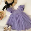 Flickans klänningar Ny festklänning Summer Elegant Princess Dress Purple Mesh Dress 1-9 Years Kids Bow Party Clothes LDD240313