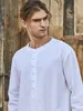 Men's Casual Shirts White Cotton Linen Shirt For Men 2024 Brand Slim Fit Round Neck Top Blouse Mens Lightweight Breathable Beach Yoga