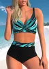 Swim Wear New Summer High Elastic Bikini Set med enkelt randmönster och tryckt två stycken Sexiga kvinnor S-5XL Beach Swimsuit Retro Style Aquatic Sports 240311