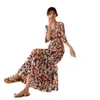 Autumn and Summer Dress Womens Mid Length Floral Chiffon First Love V Neck Overkne kjol Export