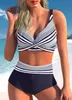 Swim Wear New Summer High Elastic Bikini Set med enkelt randmönster och tryckt två stycken Sexiga kvinnor S-5XL Beach Swimsuit Retro Style Aquatic Sports 240311