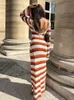 Women Long Dress Oneck Knitted 2024 Backless Bodycon Striped Hollowed Out Flared Sleeves Ruffle Vacation Lady Wave Cut Robe 240229