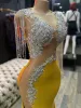 Prom klänningar gul sjöjungfru en axel illusion cutaway sidor långa ärmar