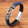 Armreif TYO Geometrisches Edelstahl-Herren-Lederarmband, handgewebter Magnetverschluss, schwarz-blauer Lederarmreif, Weihnachtsschmuck, Geschenk L2403