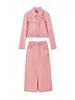 핑크 자른 블레이저 재킷 긴 바지 맥시 스커트 여성 여름 포켓 정장 스트레이트 바지 2 조각 세트 여성 세련된 의상 hkd240313