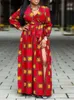 Casual Dresses Vonda Women Long Sleeve Maxi Dress 2024 Autumn Sexy V Neck Elegant Printed Party Sundress Bohemian Slit Vestidos Belted