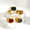 14k Yellow Gold Square Green White Zircon Crystal Rings for Women Charm Statement Geometric Rings Fashion Jewelry