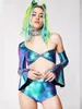 Women's Two Piece Pants Costume Women Metallic Blue Rave Outfit Stage Pole Dance Clothing Gothic Clothes Party Nightclub Singer Wear New Jazz