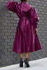 Solides Kleid mit Laternenärmeln aus PU-Leder, solides Kleid mit hoher Taille für Damen, Mandarinkragen mit Taschenriemen, Party-Street-Business-Kleid 240313