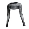 Débardeurs pour femmes Super Court Dentelle Femmes Hanche Transparent Mesh Sheer Dos Nu T-shirt À Manches Longues Sexy Crop Tops Bodycon Club Vêtements