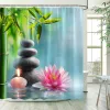 Stickande grön bambu zen duschgardiner set, spa stenar och orkidéer blommor polyester tyg badgardin med krokar badrumsdekor