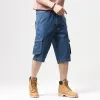 Hip Hop Shorts Men Cargo Short Jeans Pocket Cotton Loose Leisure Baggy Denim Short Pants Joggers Plus Size 46 Blue