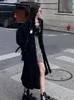 한국의 긴 검은 재킷 여자 윈치이터 옷깃 이중 가슴 고품질 오버 코트 가을 느슨한 벨트 거리 세련된 옷 240315