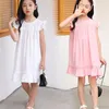 Kız Elbiseler Kızlar Yaz Elbise 2024 Kore tarzı pamuk keten çocuk fırfırlar kol prenses 4 6 8 10 12 14 yıl giymek