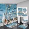 Rideaux Crépuscule Océan Rideau De Douche Ensemble Coucher De Soleil Plage Cocotiers Vagues De Mer Paysage D'été Maison Salle De Bain Décor Tapis De Bain Couvercle De Toilette Couverture