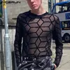 2023 Mężczyzn T -koszulka drukowana siatka z długim rękawem Transparent Streetwear Sexy Party Night Club TEE TOPS Odzież Interoun S5xl 240308