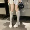 Dress Shoes Women's Hollow Out Mesh Summer Knee High Boots Patchwork Pu Leather Square Heel Long Woman Back Zipper Booties