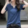 T-shirts femme t-shirts femme qualité supérieure printemps/été manches courtes col en V boutons couleur unie dames hauts goutte ZBBA72