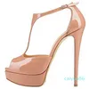 Scarpe da donna in vernice beige moda fondo rosso peep toe cinturino incrociato piattaforma tacchi alti 14 cm sexy sandali con punta aperta cava tacchi a spillo da sposa scarpe chiodate grandi dimensioni