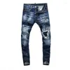 Men's Jeans Fashion Vintage Men High Quality Retro Blue Stretch Slim Fit Ripped Leather Patched Designer Hip Hop Brand Pants