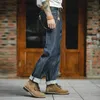 Męskie dżinsy Maden męskie jesienne zimowe spodnie Vintage jeansowe czerwone ucho oryginalne krowy proste rurka jeansy bydła podnoszące długie spodnie L240313
