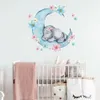 Watercolor Sleeping Baby Elephant on the Moon Wall Stickers With Flowers for Kids Room Baby Nursery Room Wall Decals PVC334B