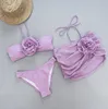 Mulheres Swimwear 3 Peça Roxo Branco Bikini Set Mulheres Bandeau Flor Designer Swimsuit Beach Push Up Bathing Terno Saia