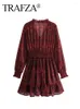 Casual Dresses Trafza Spring Elegant Women's Long Sleeve V Neck Lace Robe Pleated Mini kjol fodrad retro modetryck klänning