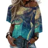 Women's T Shirts Spring Lotus Leaf Neck T-Shirt Long Sleeve Printed Fall Women Tee Tops Landscape Fantasy Castle Temple