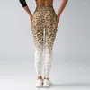 Calças ativas na moda leopardo impressão leggings de yoga de nove pontos com cintura alta e cor gradiente para mulher