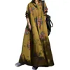 Robes décontractées Robe à manches longues élégante style ethnique maxi avec imprimé floral col rabattu pour plus de taille femmes a-ligne coupe ample cheville