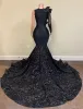 Vestidos de baile elegantes sexy sereia de manga longa preto lace aplique jóia ruffles africano garotas de gala de gala