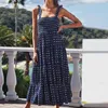 Casual Dresses Bohemian Print Pleated Sundress Women's Spaghetti Strap High midja lång lös passform en linje maxi klänning vestidos