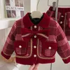 Girls Suit Winter Wine Red Plaid Girls Small Fragrance Tweed Temperament Long Sleeve Coat Cotton Skirt Suit 240301