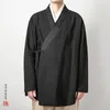 Ethnic Clothing 2024 Men's Chinese Style Linen Cardigan Jacket Loose Black Kimono Solid Color Self-Tie Hanfu Traditional 4Xl