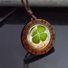 Pendant Necklaces Four Leaf Clover Glass Dome Wooden Pendant Necklace Rope Chain Necklace Retro Jewelry St.Patricks Day GiftL242313