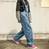 Men's Jeans Overalls Men Denim Jumpsuit Straight Jeans Hip Hop Big Pocket Wide Leg Cargo Pants Fashion Casual Loose Males Rompers Trousers L240313