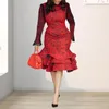 Casual Dresses Women Midi Dress Elegant Multi-layered Ruffle Hem Sheath With Mesh Cuff Slim Fit For Prom Party Or Length Event Lady