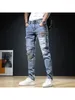 Mäns jeans Autumn Elastic Brodered Patchwork Hip Hop Denim Pants Korean Fashion Slim Fit Trousers for Men baggy