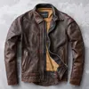 Brązowy naturalny skórzany płaszcz z krowiego płaszcza vintage men motocykl Slim Fit Lapel Retro Old Bomber oryginalne skórzane męskie męskie Jacke 240309