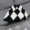 Women's Sweaters designer 24 early spring new lazy style black white diamond checkered contrasting color patchwork embroidered cat V-neck sweater U54I